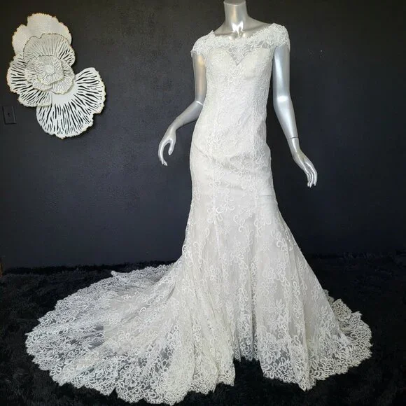 NWT~$1999~ELLA ROSA~SZ 4/6~IVORY OYSTER LACE FIT & FLARE WEDDING DRESS GOWN